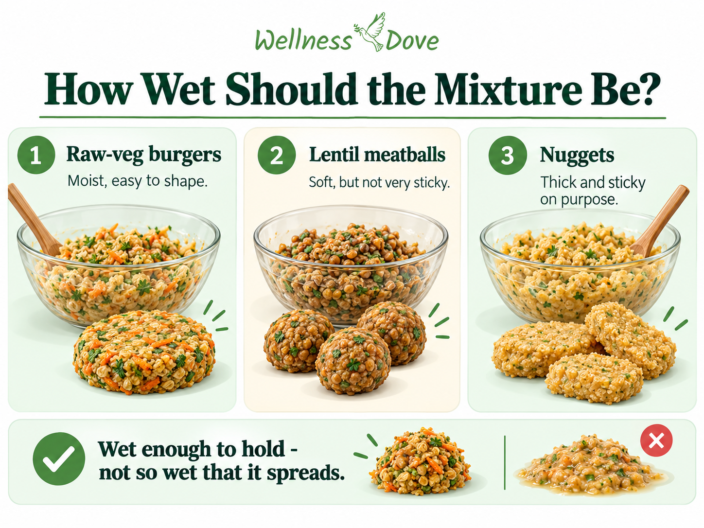 How wet vegan patty and meatball mixtures should be for raw-vegetable burgers, lentil meatballs, and nuggets