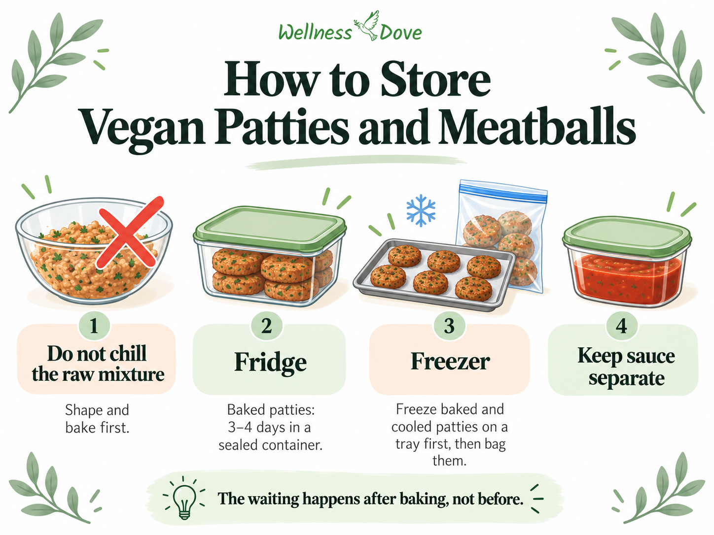 How to store vegan patties and meatballs: bake first, refrigerate cooked patties, freeze baked and cooled patties, and keep sauce separate