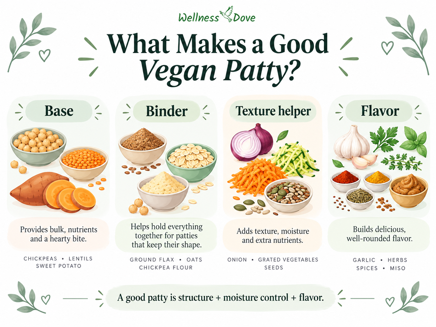 What makes a good vegan patty: base, binder, texture helper, and flavor